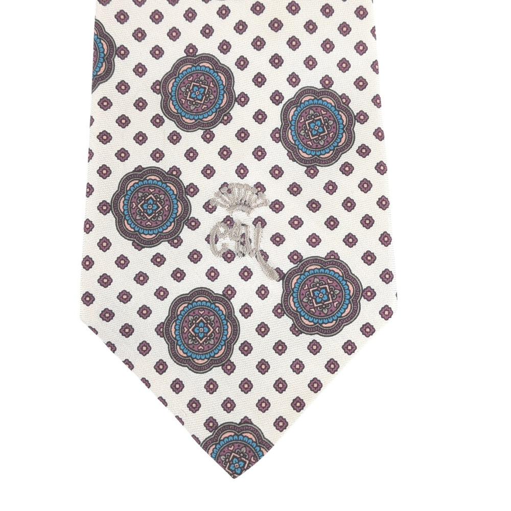 VTG Countess Mara Mens Silk Necktie Cream Purple Medallion Embroidered 55x3.5